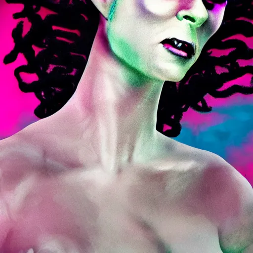 Image similar to a realistic detailed studio portrait photo of a the bride of frankenstein, vaporwave
