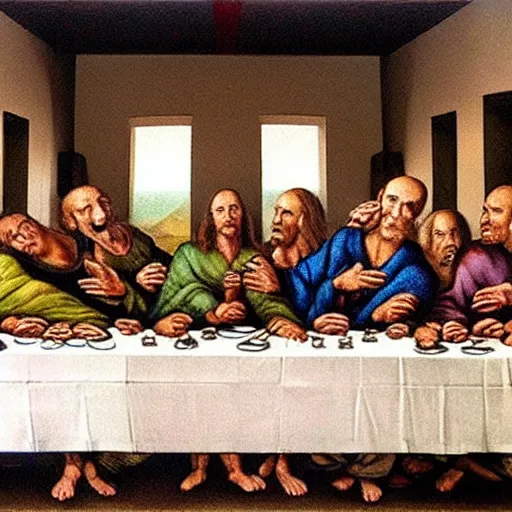 Image similar to vin diesel granny shifting in the last supper in the middle of a girth quake