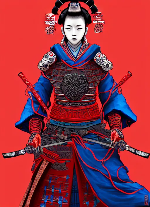 Image similar to establishing cinematic movie scene of a wrathful samurai warrior woman dressed in red holding a lotus flower killing street thugs dressed in blue garbs, cinematic scene!, intricate, elegant, highly detailed, lotus flower, artstation, concept art, smooth, sharp focus, wlop