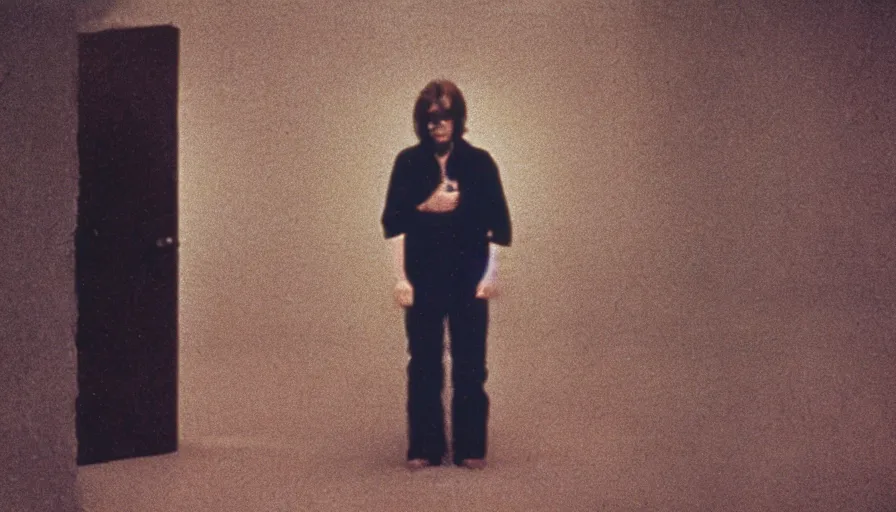 Prompt: 7 0 s film still from a horror movie featuring a person suffering from treacher collins syndrome standing alone in a liminal space, kodachrome, cinecolor, cinestill, photorealism, cinematic, film grain, film texture, vhs recording