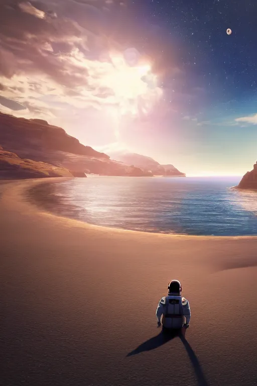 Image similar to a astronaut sitting on the beach looking to the sea at sunrise, concept art, octane render, unreal engine 5, trending on Artstation, high quality, highly detailed, 8K, soft lighting, godrays, path tracing, serene landscape, turbulent sea, high coherence, anatomically correct, hyperrealistic, sand, beautiful landscape, cinematic, clouds in the sky