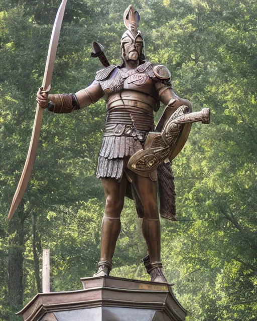 Image similar to a gigantic 1 0 0 0 foot bronze statue of a spartanburg warrior holding his spear and shield, god of war, fantasy landscape, thousands of tiny onlookers, photorealistic, atmospheric