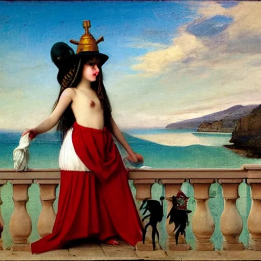 Image similar to A girl with jester hat and clothes on the front of a Balustrade with a beach on the background, major arcana cards, by paul delaroche, hyperrealistic