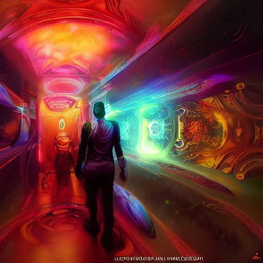 Image similar to dmt trip through the metaverse by raymond swanland, highly detailed, bright tones