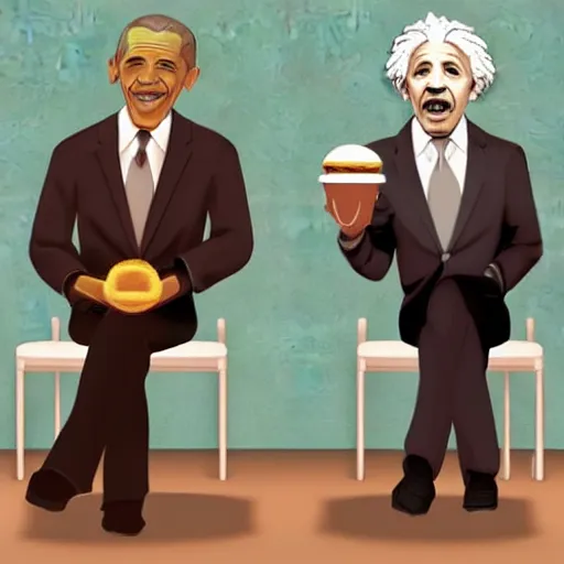 Image similar to Einstein and Obama sitting at McDonalds, ultra detailed, photorealistic, dramatic lighting