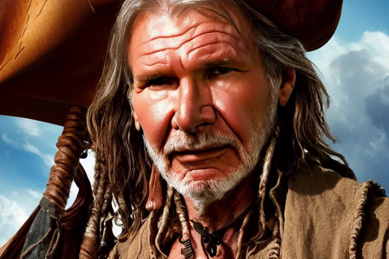 Prompt: promotional image of Harrison Ford as a pirate in the new Pirates of the Carribean movie, realistic, detailed face, movie still frame, promotional image, imax 70 mm footage