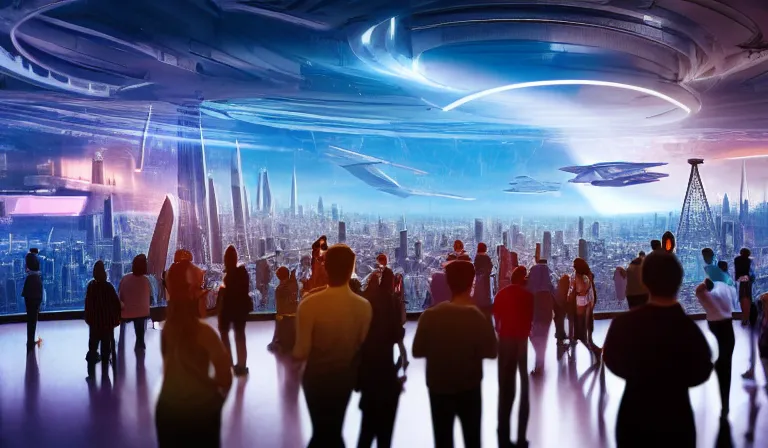 Image similar to crowd of people in large open museum, looking at hologram of futuristic city on a table, cinematic concept art, godrays, golden hour, natural sunlight, 4 k, clear details, tabletop model buildings, center model buildings, hologram center, crane shot, interior panorama