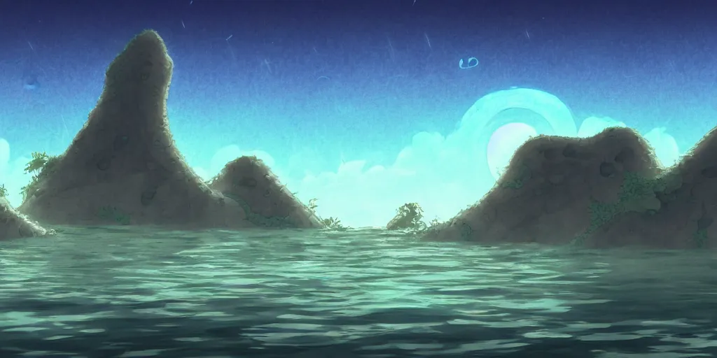 Image similar to a cell - shaded studio ghibli concept art study of a roach arch time portal in the air over a flooded desert on a misty starry night. a waterfall is flowing out of the portal. very dull colors, hd, 4 k, hq
