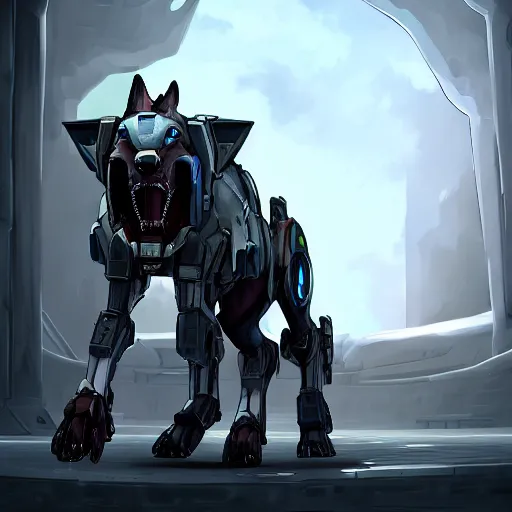 Image similar to cinematic shot, vorestation borg hound, medical mecha hound, taller than man, sharp armor, mecha maw, mawshot, visor eyes, detailed, furry art, digital art, warframe hound, furaffinity, deviantart, sofurry