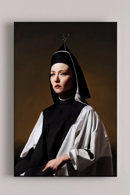 Prompt: hyperrealism oil painting, close - up portrait shot from above fashion nun model looking up, complete darkness background, in style of classicism mixed with 8 0 s sci - fi japanese books art