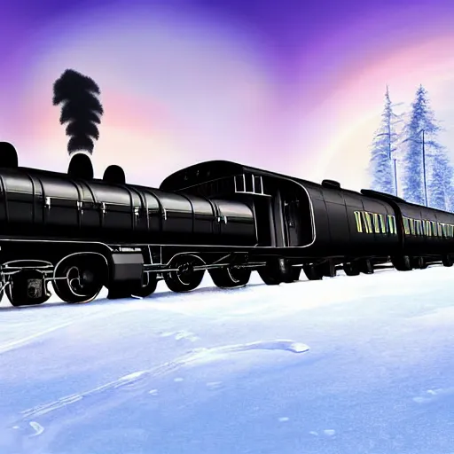 Image similar to a futuristic black steam train and a giant mammoth, post - apocalyptic ice landscape with heavy snow, digital art