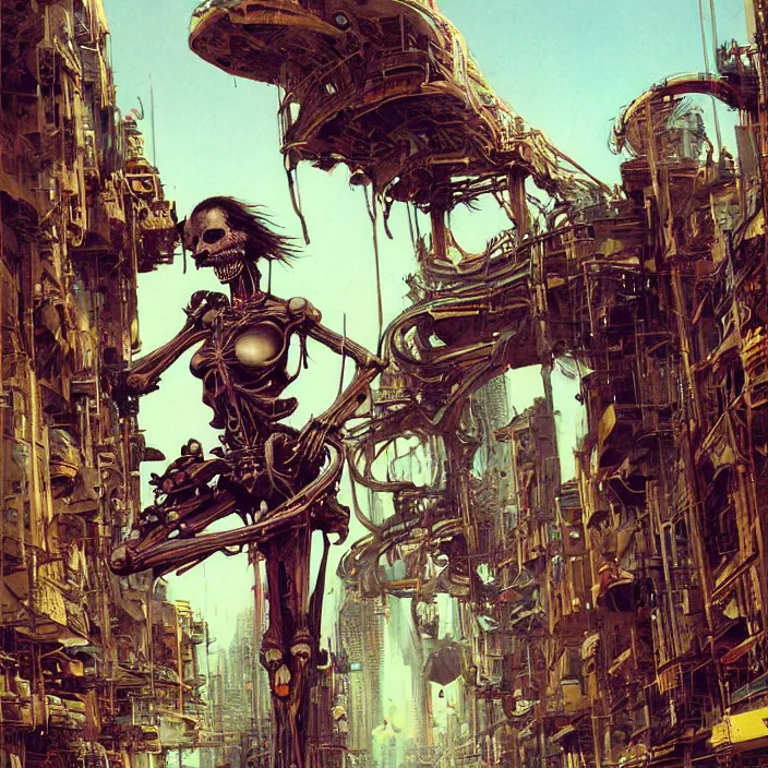 Prompt: cyberpunk skeleton women, flowing, aerodynamic, fast, flat art, digital art, hd, by james gurney, by bruce pennington