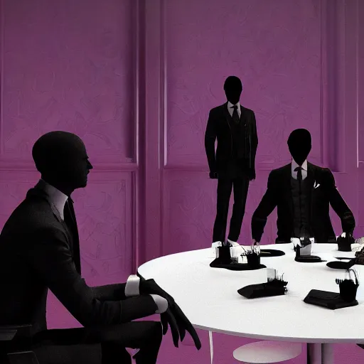 Image similar to HD render of shadow figures in suits sitting around a table in an occultic lair scheming and plotting, Ultra realistic digital art painting trending on artstation, photo realistic, black and purple colour scheme