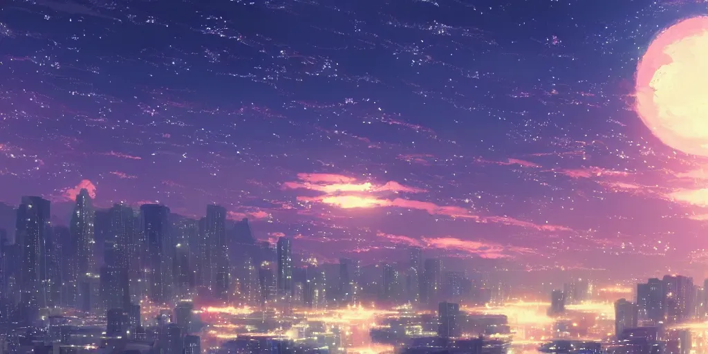 Prompt: beautiful anime nightscape by makoto shinkai