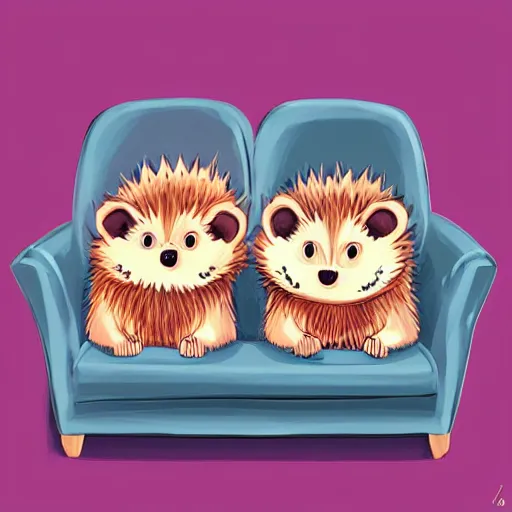 Image similar to two cute adorable hedgehogs, sitting together on a couch, romantic, shy hedgehog, blushing, waving, smiling, cute, hedgehog, by cyril rolando