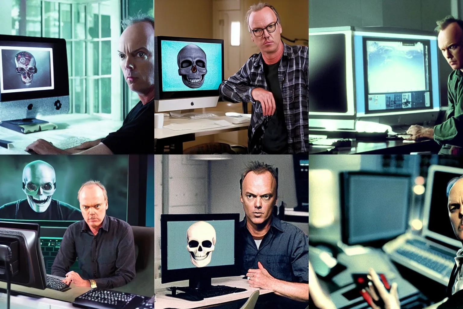 Prompt: michael keaton in his computer with a skull and crossbones on the screen