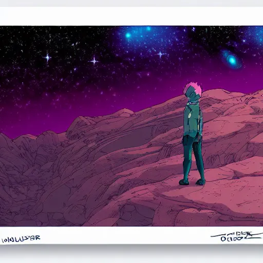 Image similar to a futuristic wanderer gazing into a universe full of mystical colorful light nebulae and galaxies, studio ghibli color scheme, in the style of caspar laurie greasley