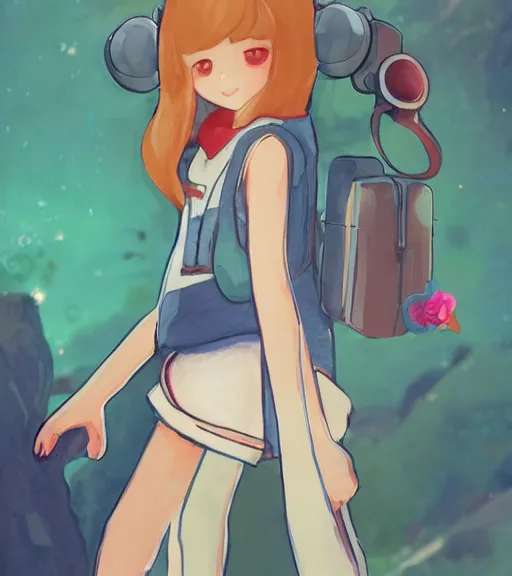 Prompt: beautiful little girl character inspired by 9 0's fashion and by madeline from celeste, art by rossdraws, wlop, ilya kuvshinov, artgem lau, sakimichan and makoto shinkai, concept art, headphones, anatomically correct, very coherent