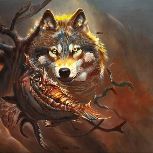 Prompt: detailed portrait of wolf fish hybrid if his parents lived intricate, hyper detailed, realistic, oil painting, by julie bell, frank frazetta, cinematic lighting