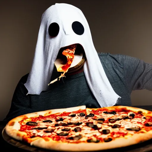 Image similar to creepy ghost eating a pizza