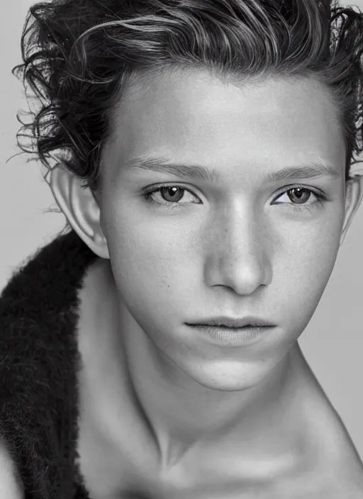 Image similar to portrait of beautiful female tom holland by mario testino, headshot, detailed, award winning, sony a 7 r