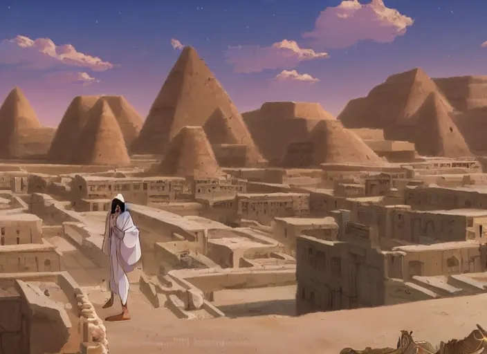 Image similar to An old egyptian city in the desert, peaceful and serene, incredible perspective, soft lighting, anime scenery by Makoto Shinkai and studio ghibli, very detailed