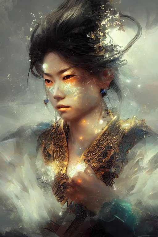 Image similar to Japanese god, portrait, powerfull, intricate, elegant, volumetric lighting, scenery, digital painting, highly detailed, artstation, sharp focus, illustration, concept art, ruan jia, steve mccurry