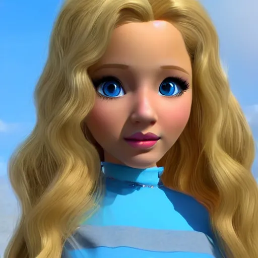 Image similar to a 3d princess with blonde hair , 3d cgi , disney style , photorealistic