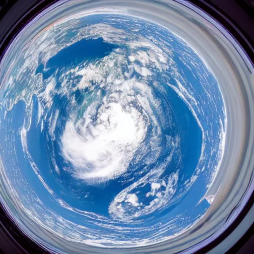 Prompt: pov without fisheye distortion of a giant looking down the earth from above the earth atmosphere