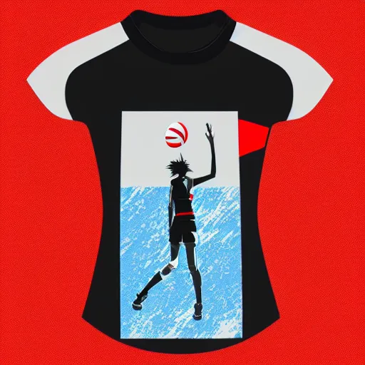 Prompt: shirt art, logo graphic design, frame around picture, manga style, realistic lighting, futuristic solid colors, made by ilya kuvshinov, sold on sukebannyc, from arknights, female beach volley player, elegant, round eyes, sport clothing, sneaker shoes, simple red background