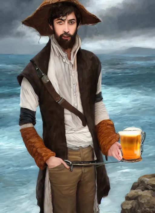 Image similar to Young man, slim, short black hair, pale, wearing a haramaki, holding a tankard of ale, digital art, realistic, Pathfinder, detailed, trending on artstation, sea in the background as drawn by Wayne Reynolds