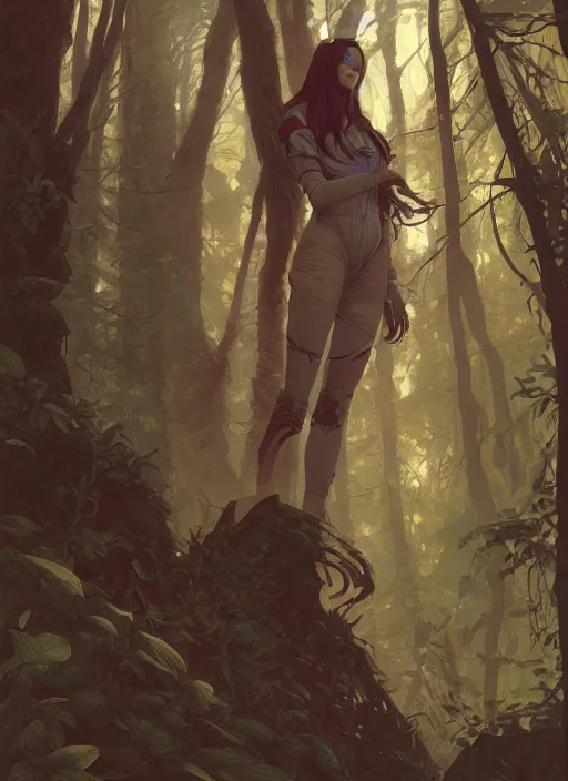 Image similar to astronaut in a forest, D&D, fantasy, intricate, cinematic lighting, highly detailed, digital painting, artstation, concept art, smooth, sharp focus, illustration, art by Terry Moore and Greg Rutkowski and Alphonse Mucha