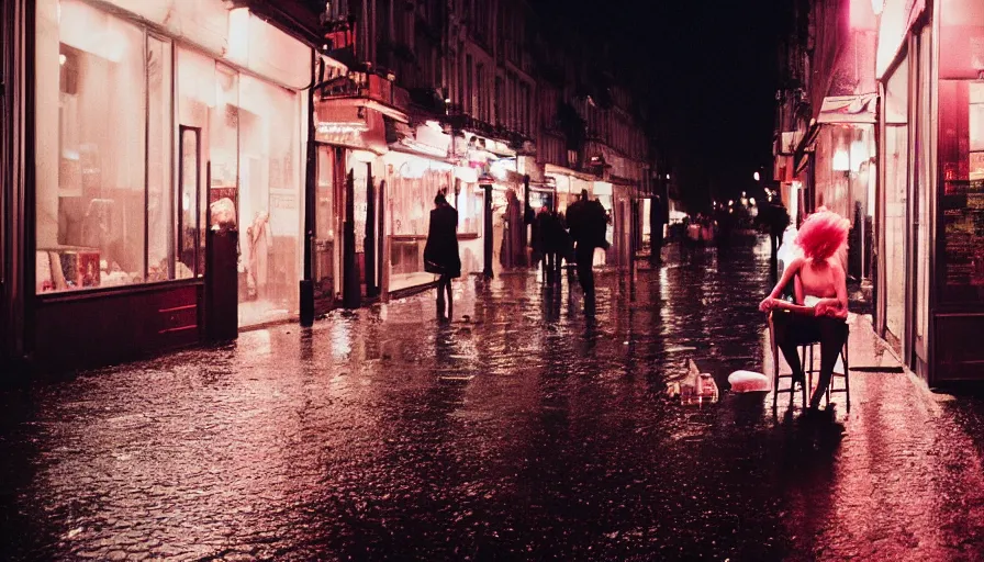 Prompt: street of paris photography, night, rain, mist, a girl with pink hair sitting in a cafe, cinestill 8 0 0 t, in the style of william eggleston