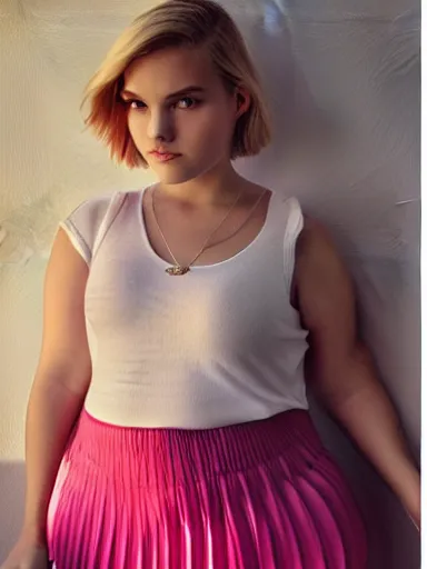 Image similar to a high resolution photo of a cute, plump, chubby, blond, teenage model with short hair wearing a short, pleated skirt. teen vogue.