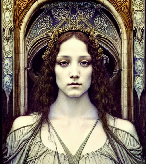 Image similar to detailed realistic beautiful young medieval queen face portrait by jean delville, gustave dore and marco mazzoni, art nouveau, symbolist, visionary, gothic, pre - raphaelite. horizontal symmetry