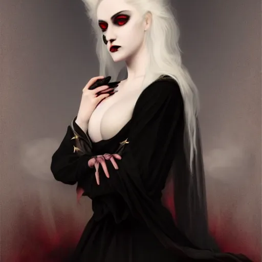 Image similar to Demonic beautiful vampire white-haired young woman mistress of death mourning widow vintage gown with a faint smile dark lipstick macro golden iris wearing dark clouds fog smoke and fire as clothes, colourful trending artstation, detailed portrait academic caravaggio Bouguereau, sharp focus medium shot