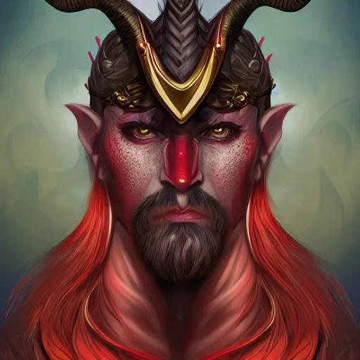 Image similar to d & d portrait of a tiefling, male, red scales, a big black beard, completely golden eyes, 2 long curved horns growing out of his forehead,