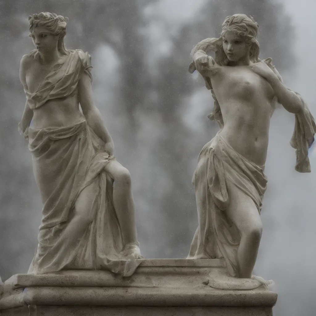 Prompt: marble statue, greek statue, anya taylor joy, queen's gambit series, foggy, rain, raindrops,