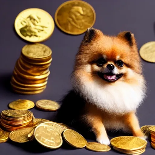 Image similar to A pomeranian wearing a top-hat, sitting on top of a large pile of gold coins