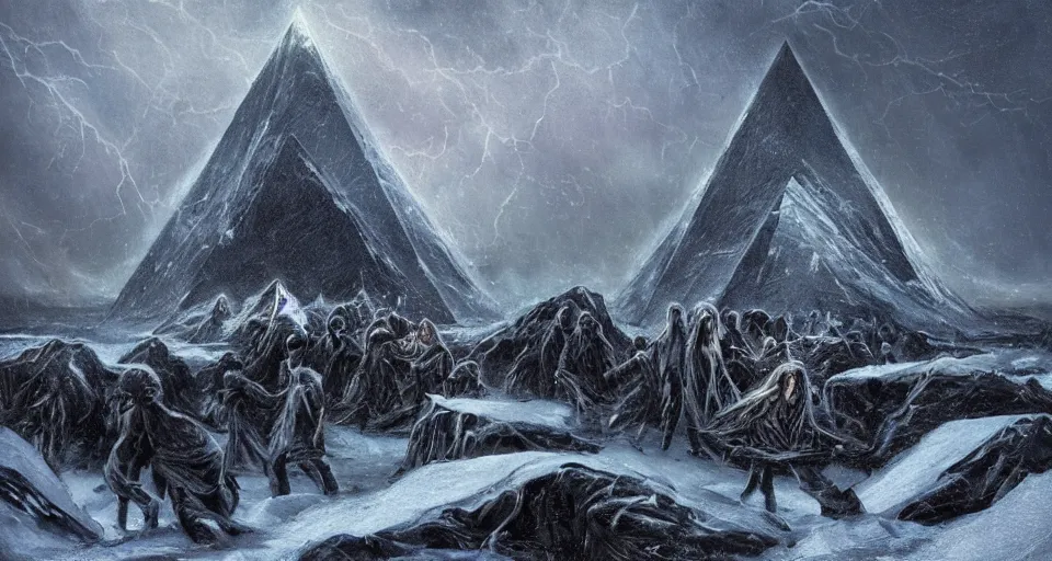 Image similar to black lovecraftian eldritch!! obsidian pyramid!! on a snowy mountain, surrounded by thousands of cultists, snowy, windy, by eugene von guerard, ivan shishkin, night, red lightning!!, storm!, dramatic lighting, concept art, trending on artstation, 8 k