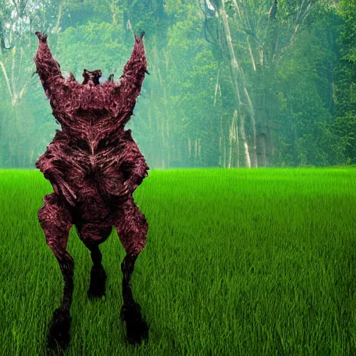 Prompt: A glitchy animal like creature standing in a lush green field, photograph, 2010 photograph, eerie