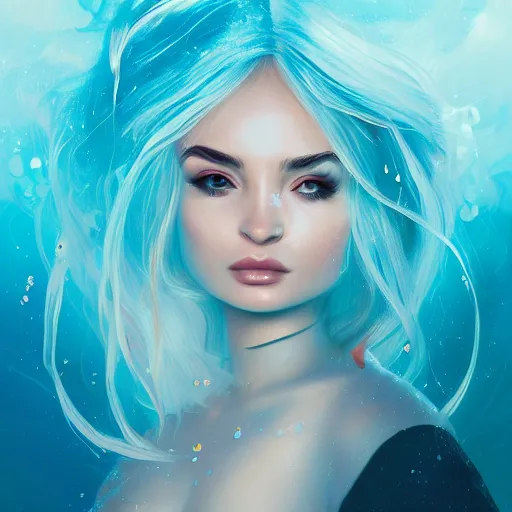 Prompt: A mesmerizing ethereal oceanic portrait of Kim Petras, splash art, dispersion art, natural light, sunlit, hyperdetailed, artstation, cgsociety, 8k