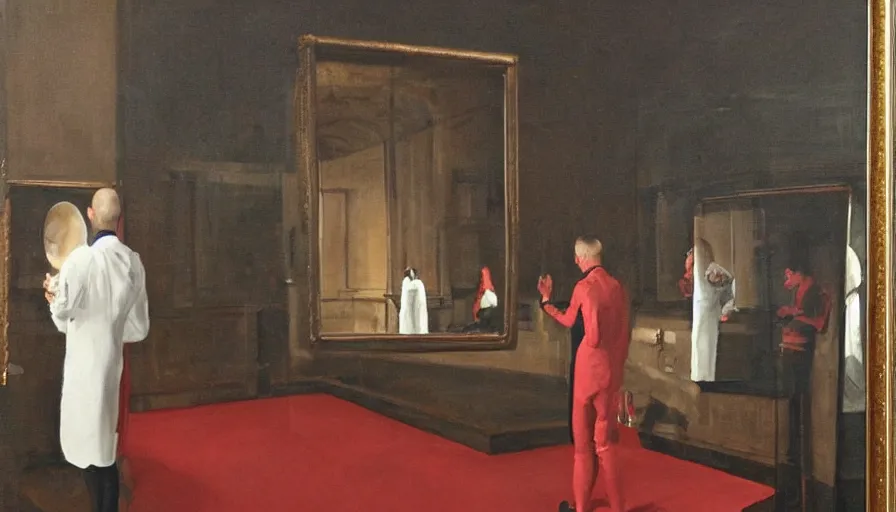 Image similar to painting by borremans, man back standing in front on the mirror in opera theatre scene with red carpet, detailed, stunning