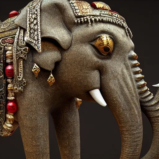 Prompt: ancient artifact depicting an elephant made of iron and ivory and encrusted with precious jewels, patina, ethereal, esoteric, zbrush sculpt, octane render, intricate, ornate, cinematic lighting