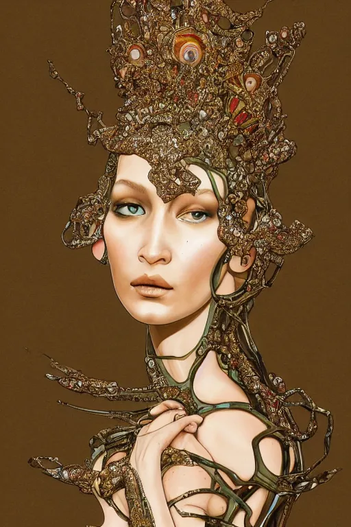 Image similar to a highly detailed painting of a beautiful alien goddess bella hadid in iris van herpen dress schiaparelli in diamonds in style of alphonse mucha art nuvo trending on artstation