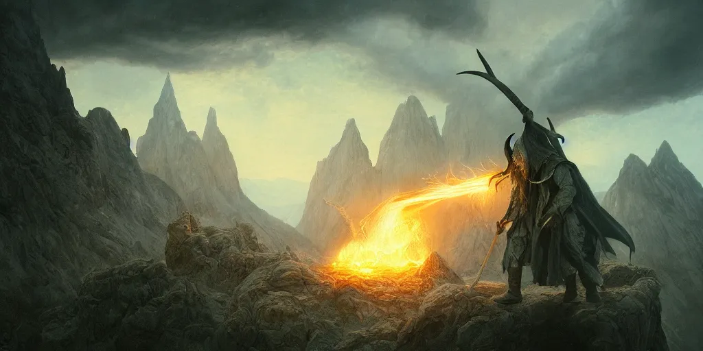 Image similar to Fight between Gandalf and the Balrog in the evening, detailed matte painting, cinematic, Alan Lee, Artstation