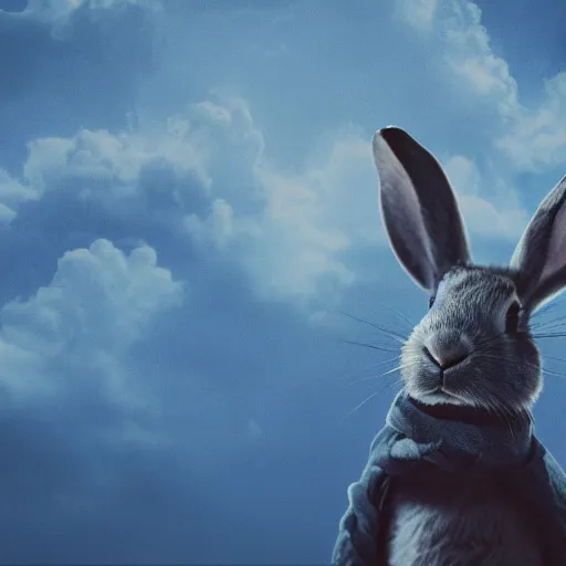 Prompt: a rabbit hanging by a blue scarf around it's neck from a massive tree above the clouds, lightning, dark, photorealistic, lonely