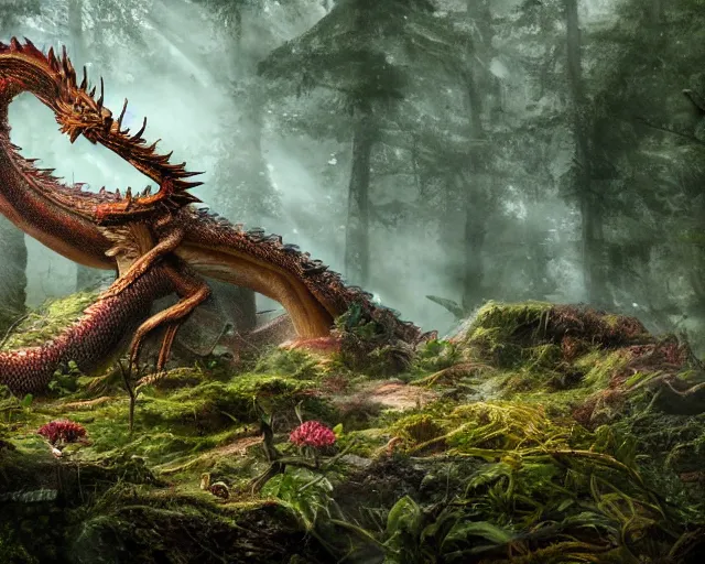 Image similar to Giant Dragon resting in a forest , natural light, dead plants and flowers, elegant, intricate, fantasy, atmospheric lighting, by Peter Morhbacher, HD, highly detailed, 8k