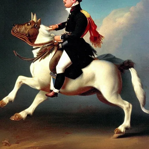 Prompt: french bulldog riding horse in battle like napoleon, painted by saint - bernard