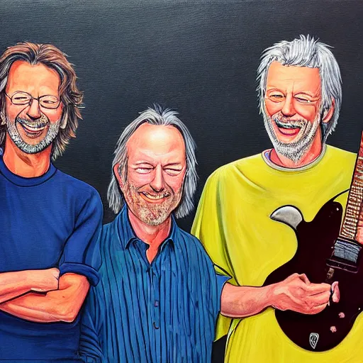 Image similar to portrait of eric clapton with david gilmour, joyful, highly detailed painting by akira toriyama, 8 k